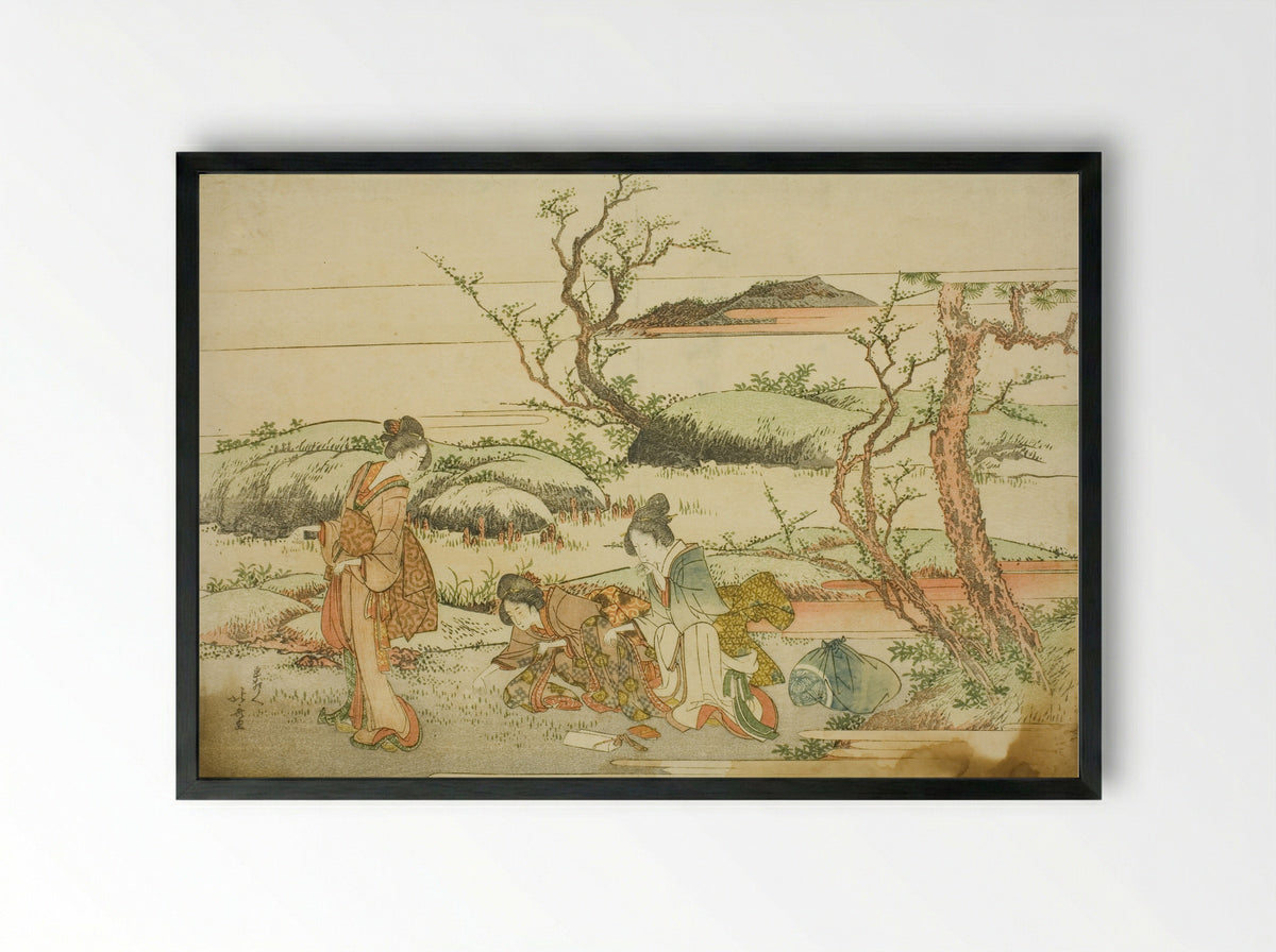 Gathering Spring Greens, from the album Fuji in Spring (Haru no Fuji) - Katsushika Hokusai - Framed Print Black