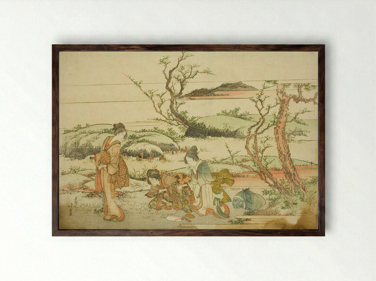 Gathering Spring Greens, from the album Fuji in Spring (Haru no Fuji) - Katsushika Hokusai - Framed Print Dark Wood