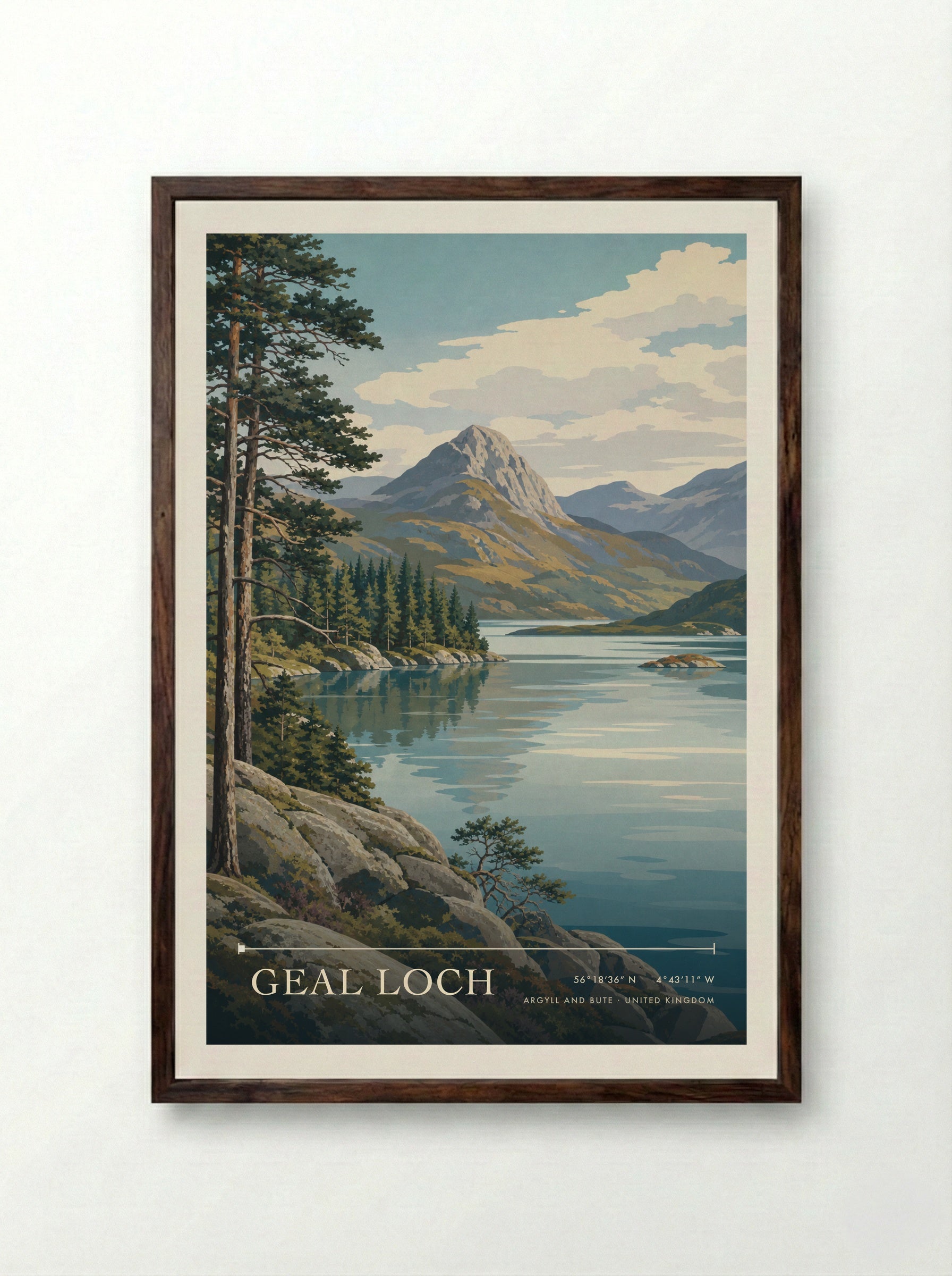 Geal Loch Argyll and Bute United Kingdom Travel Poster - Framed Print Dark Wood