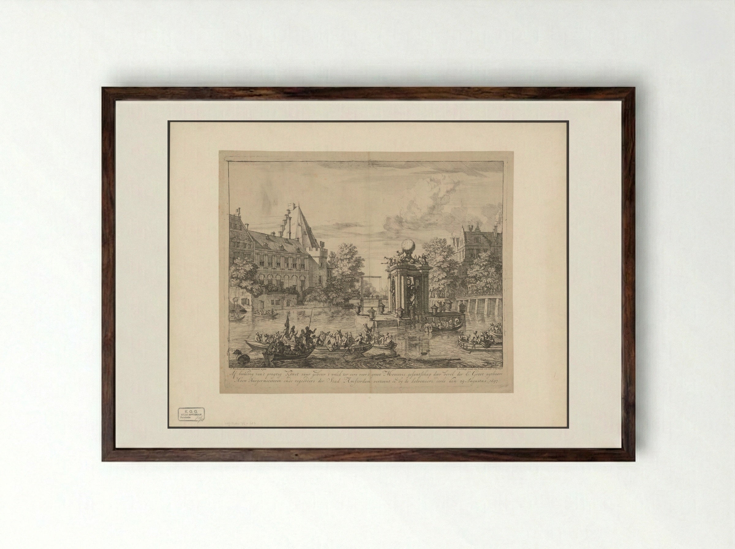 Gebouw voor het vuurwerk ter ere van het bezoek van het Russisch gezantschap aan Amsterdam - Isaac de Moucheron - Framed Print Dark Wood