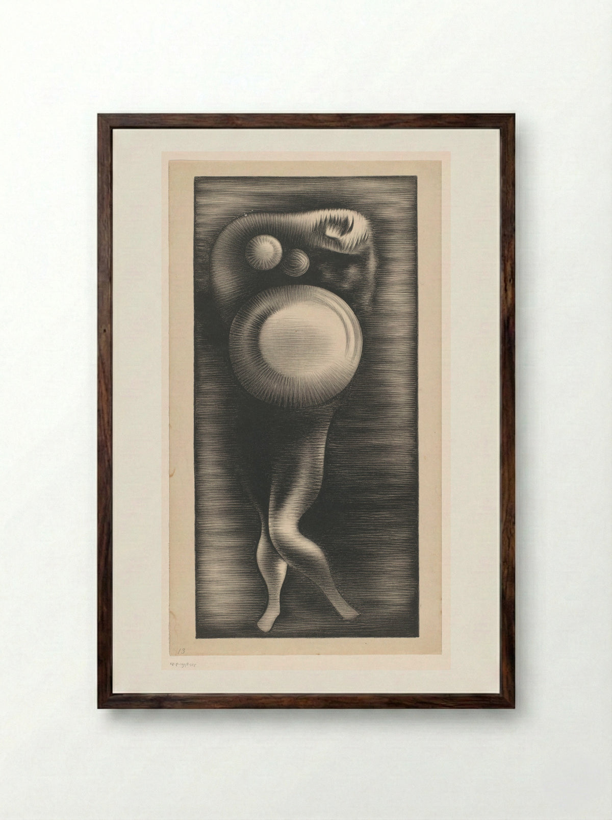 Gedeformeerd vrouwenlichaam met drie cirkels - Jacob Bendien - Framed Print Dark Wood