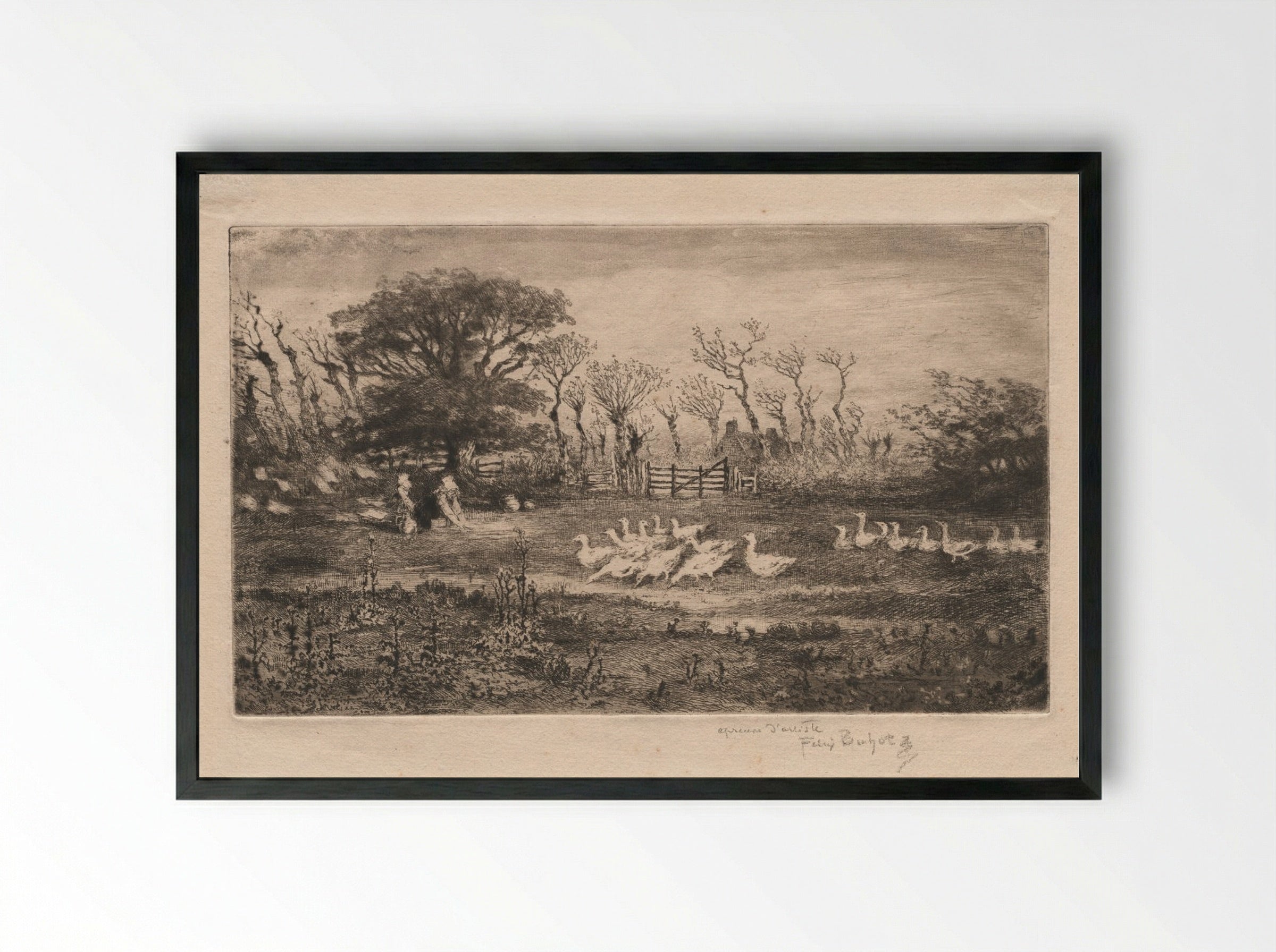 Geese - Félix Hilaire Buhot - Framed Print Black