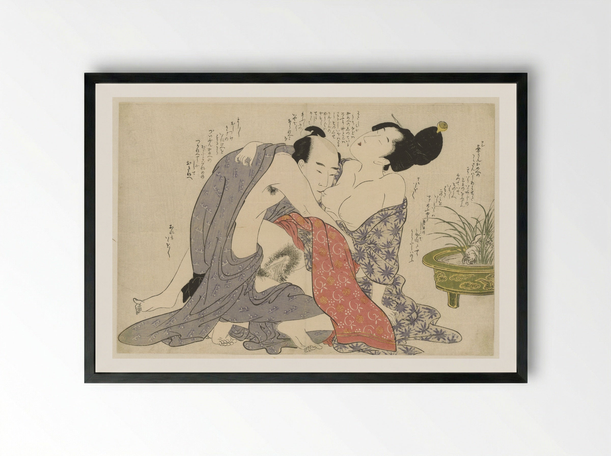 Geheime affaire van een getrouwde man en een getrouwde vrouw - Kitagawa Utamaro - Framed Print Black