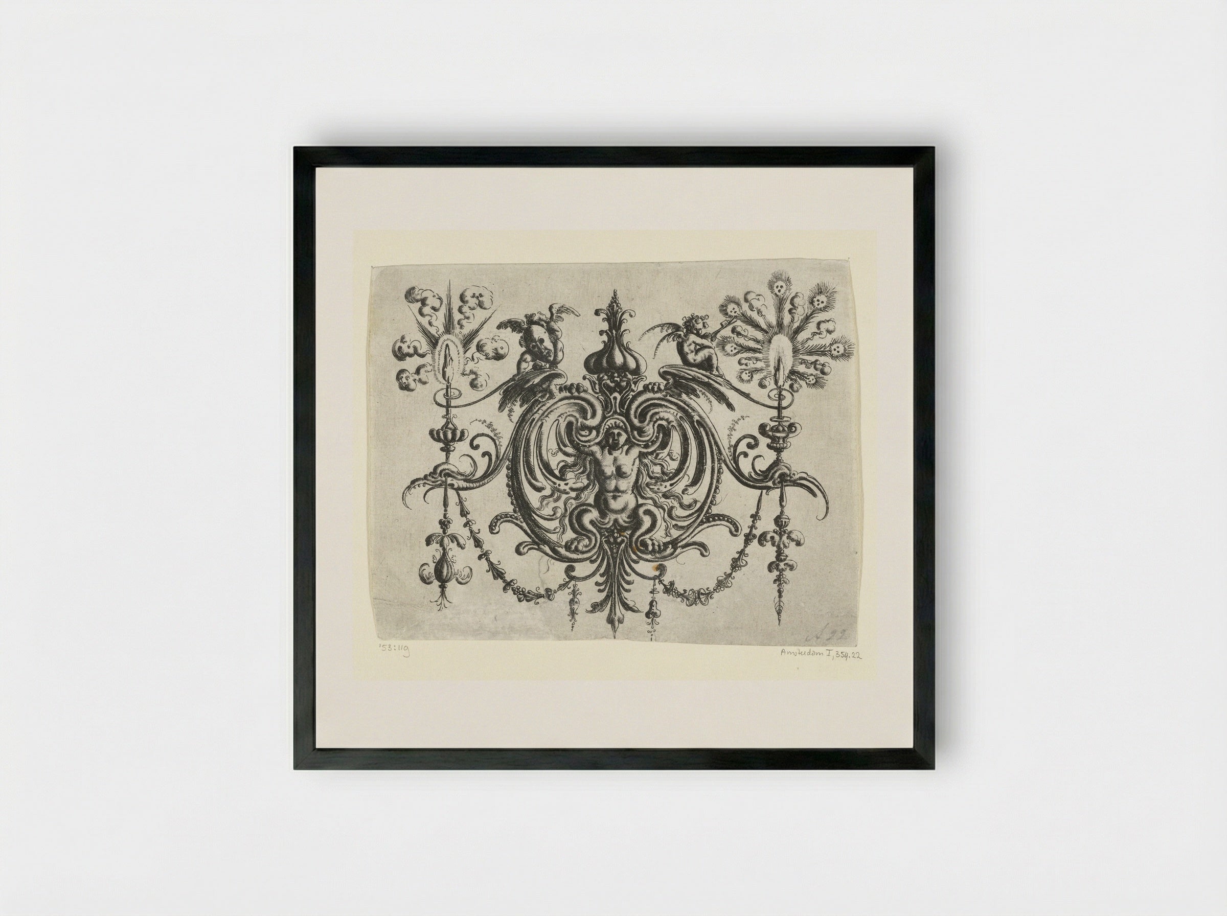 Gehurkte naakte vrouw met klauwen, tussen voluten - Christoph Jamnitzer - Framed Print Black