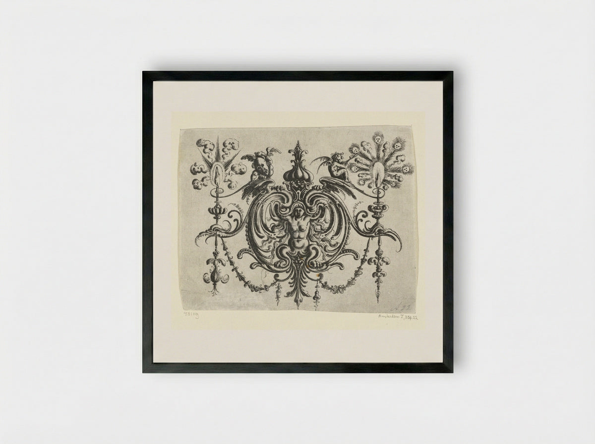 Gehurkte naakte vrouw met klauwen, tussen voluten - Christoph Jamnitzer - Framed Print Black