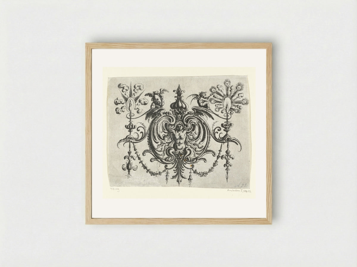 Gehurkte naakte vrouw met klauwen, tussen voluten - Christoph Jamnitzer - Framed Print Wood