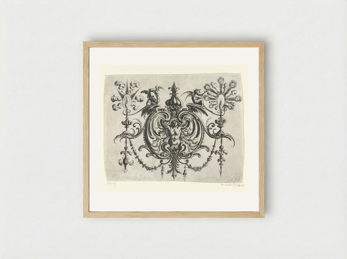 Gehurkte naakte vrouw met klauwen, tussen voluten - Christoph Jamnitzer - Framed Print Wood