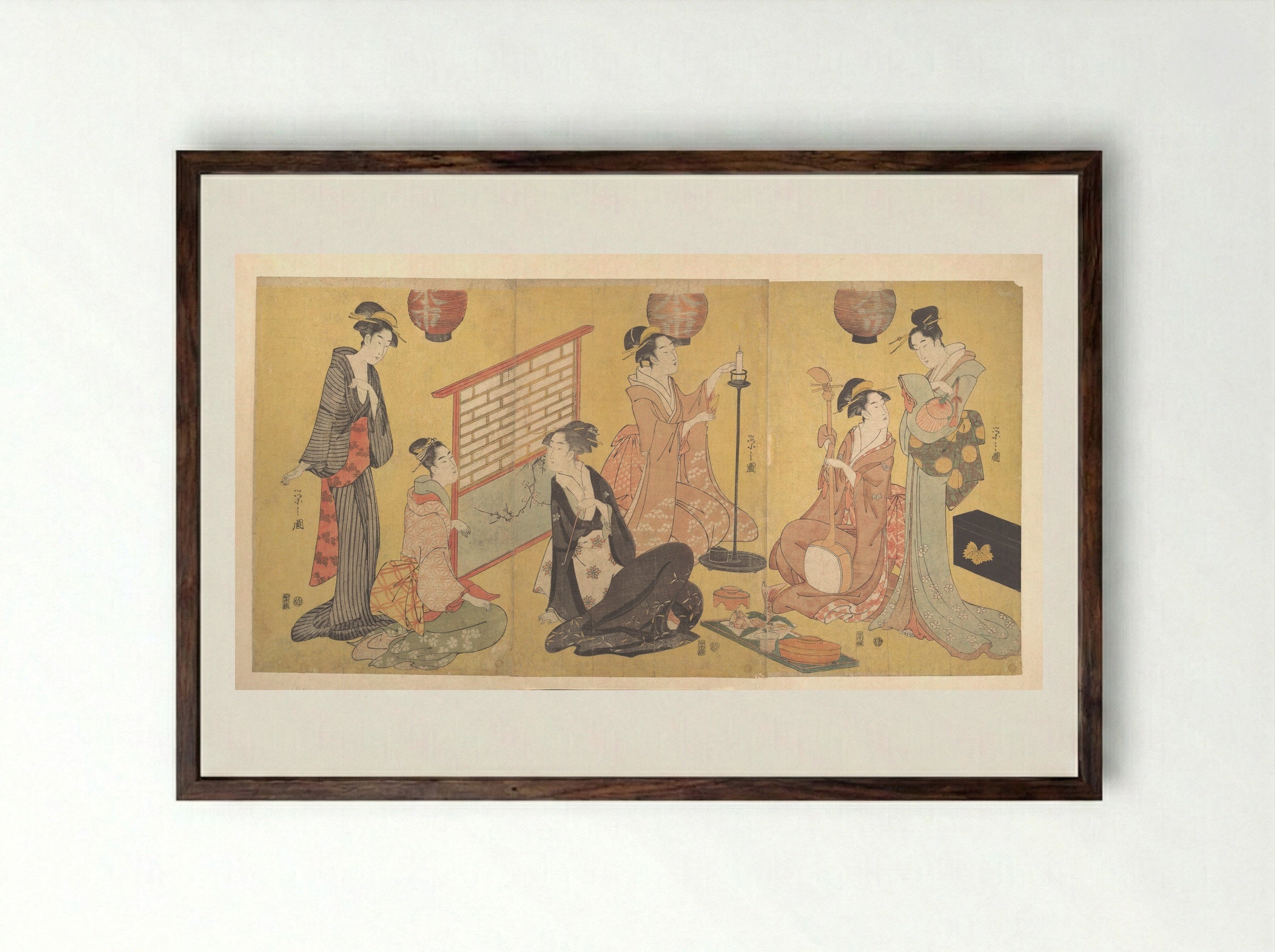 Geisha Preparing for an Entertainment - Chōbunsai Eishi - Framed Print Dark Wood