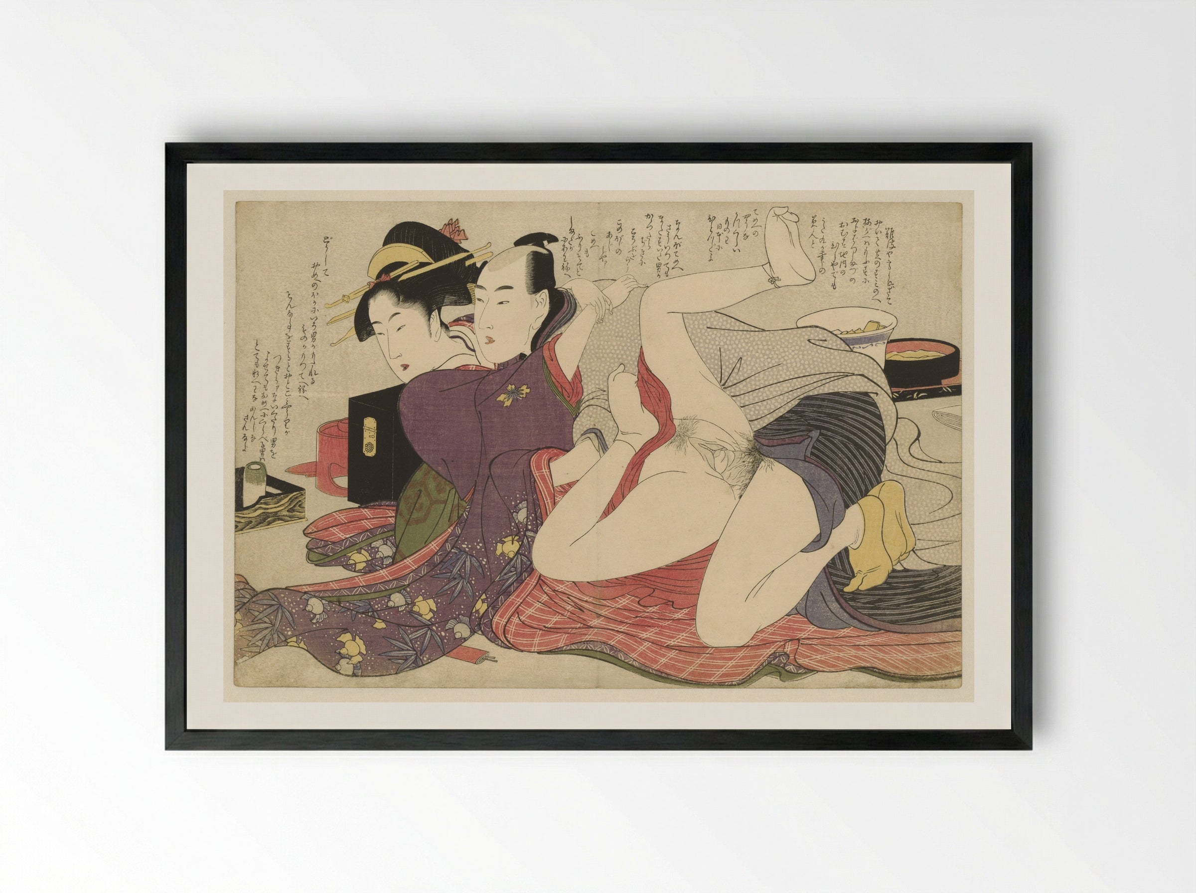 Geisha in Kimono with Long Sleeves and Her Lover - Kitagawa Utamaro - Framed Print Black