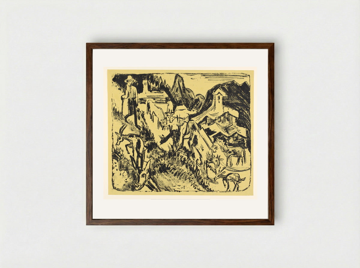 Geitenhoeder met zijn kudde in de bergen - Ernst Ludwig Kirchner - Framed Print Dark Wood