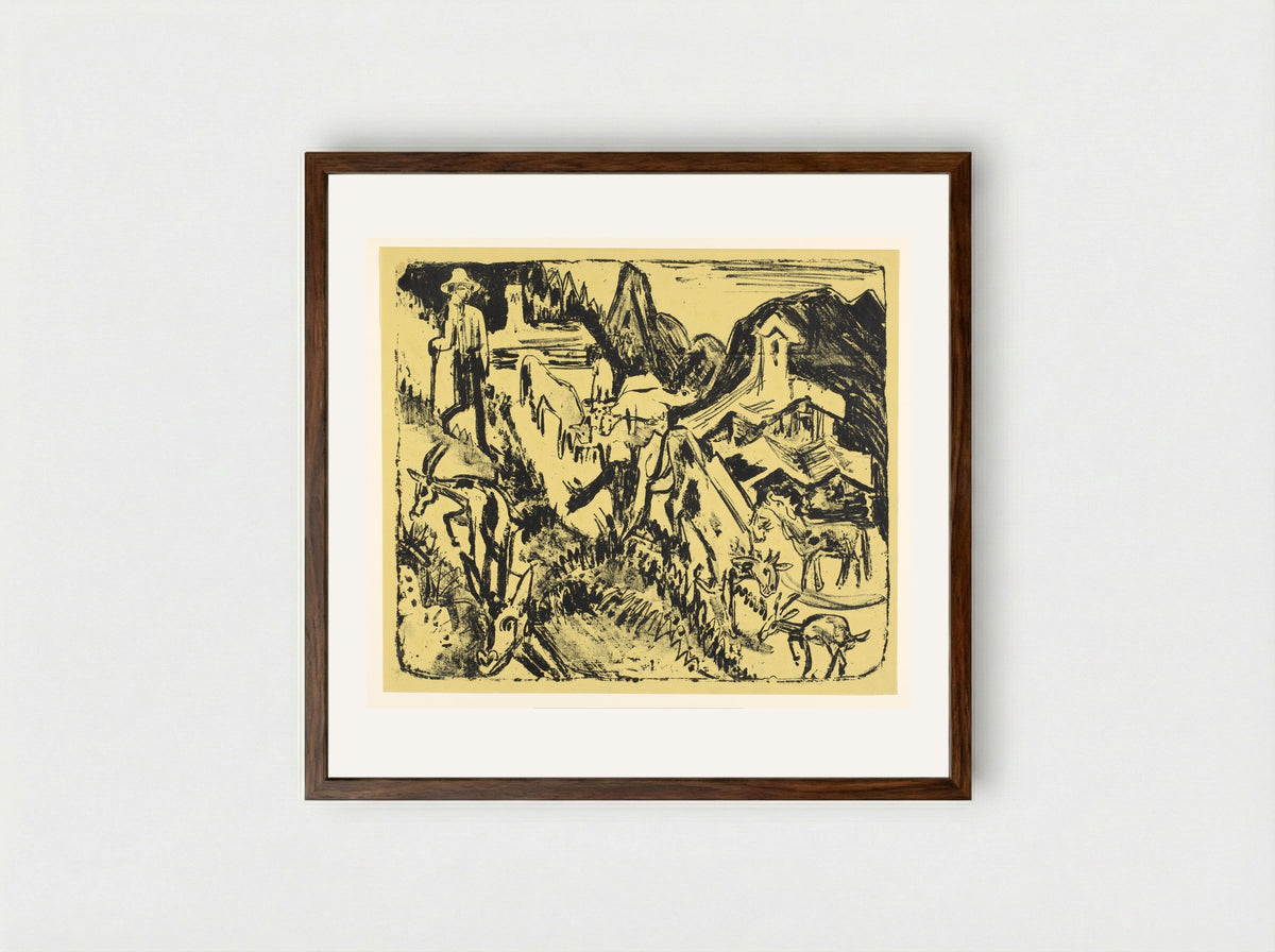 Geitenhoeder met zijn kudde in de bergen - Ernst Ludwig Kirchner - Framed Print Dark Wood