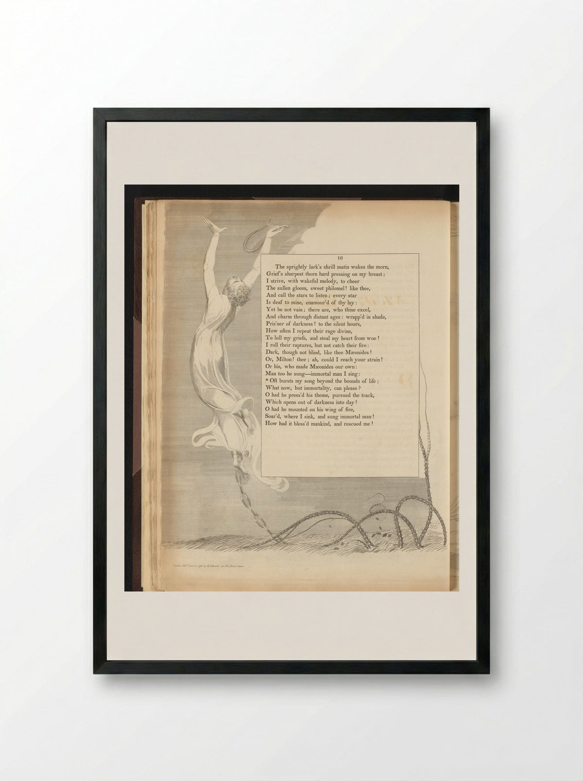 Geketende man stijgt op met lier - William Blake - Framed Print Black