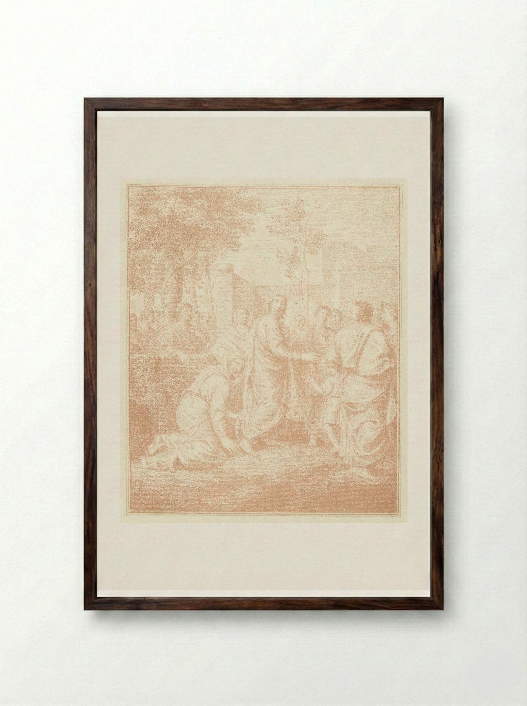 Geknielde vrouw grijpt de mantel van Christus - Louis Fabritius Dubourg - Framed Print Dark Wood