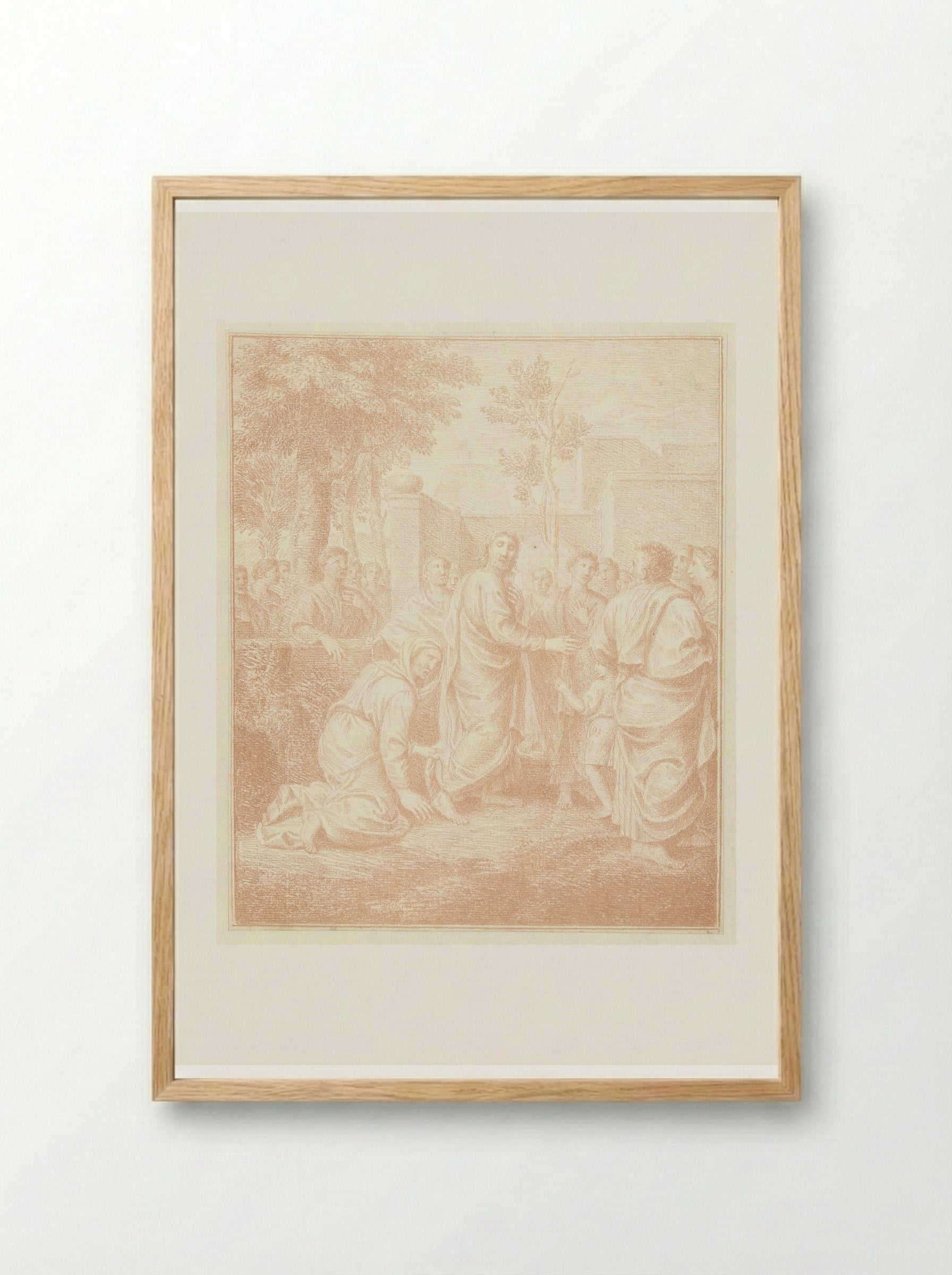 Geknielde vrouw grijpt de mantel van Christus - Louis Fabritius Dubourg - Framed Print Wood