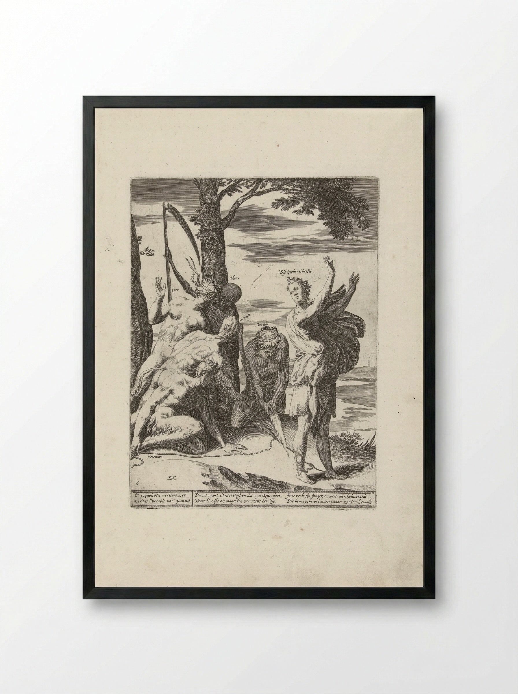 Geloof in de waarheid bevrijdt de mens van haar zonden, de duivel en de dood - Hendrick Hondius (I) - Framed Print Black
