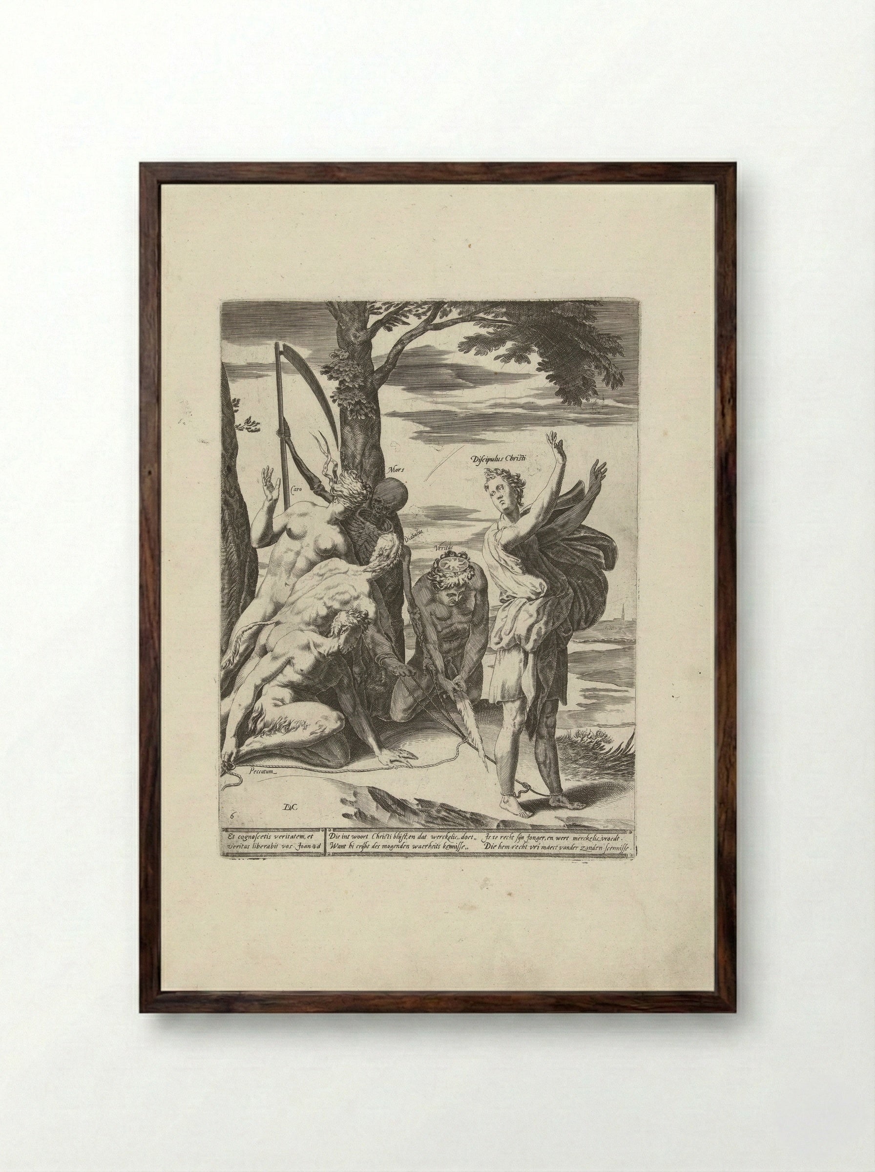 Geloof in de waarheid bevrijdt de mens van haar zonden, de duivel en de dood - Hendrick Hondius (I) - Framed Print Dark Wood