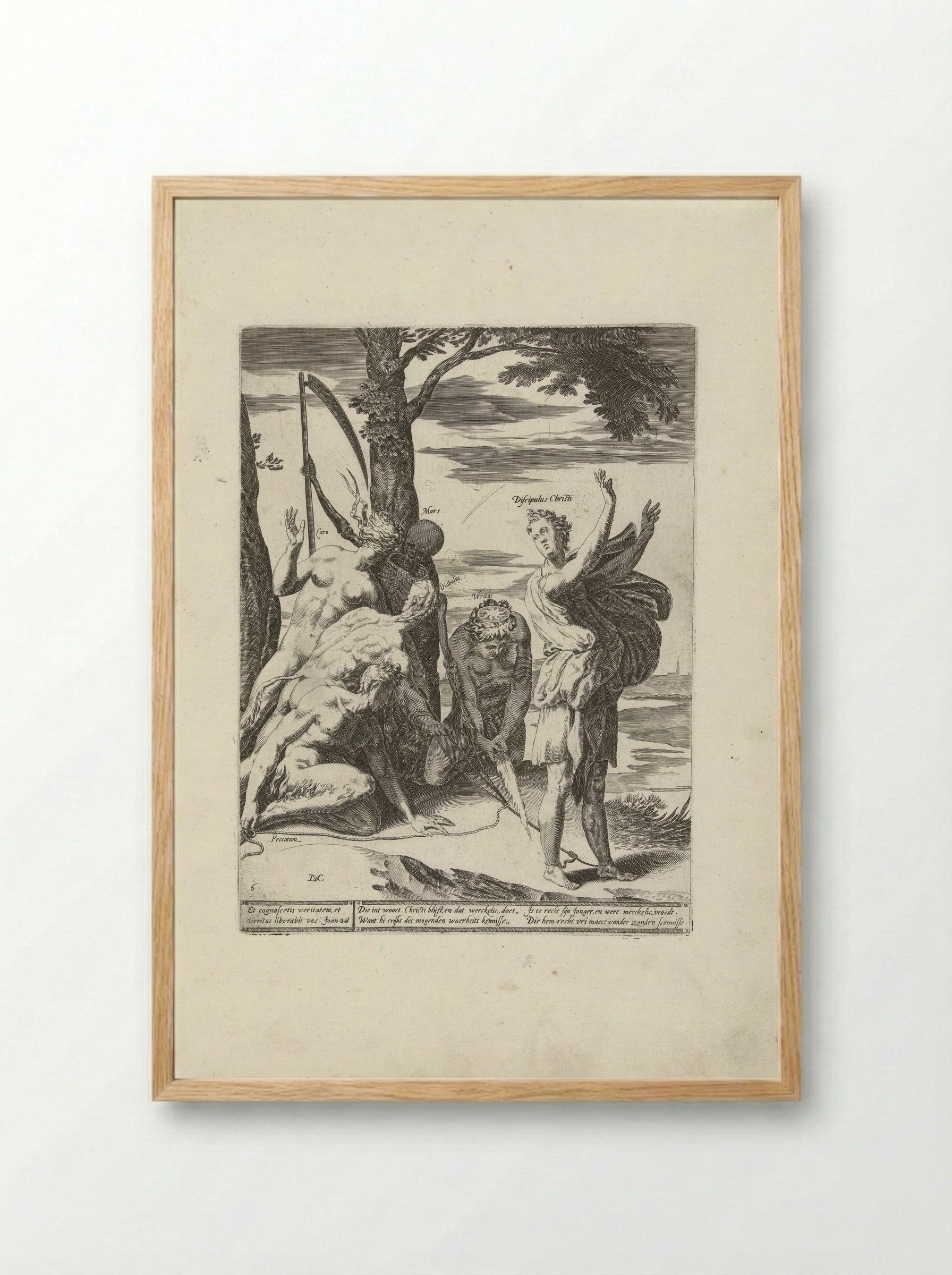 Geloof in de waarheid bevrijdt de mens van haar zonden, de duivel en de dood - Hendrick Hondius (I) - Framed Print Wood