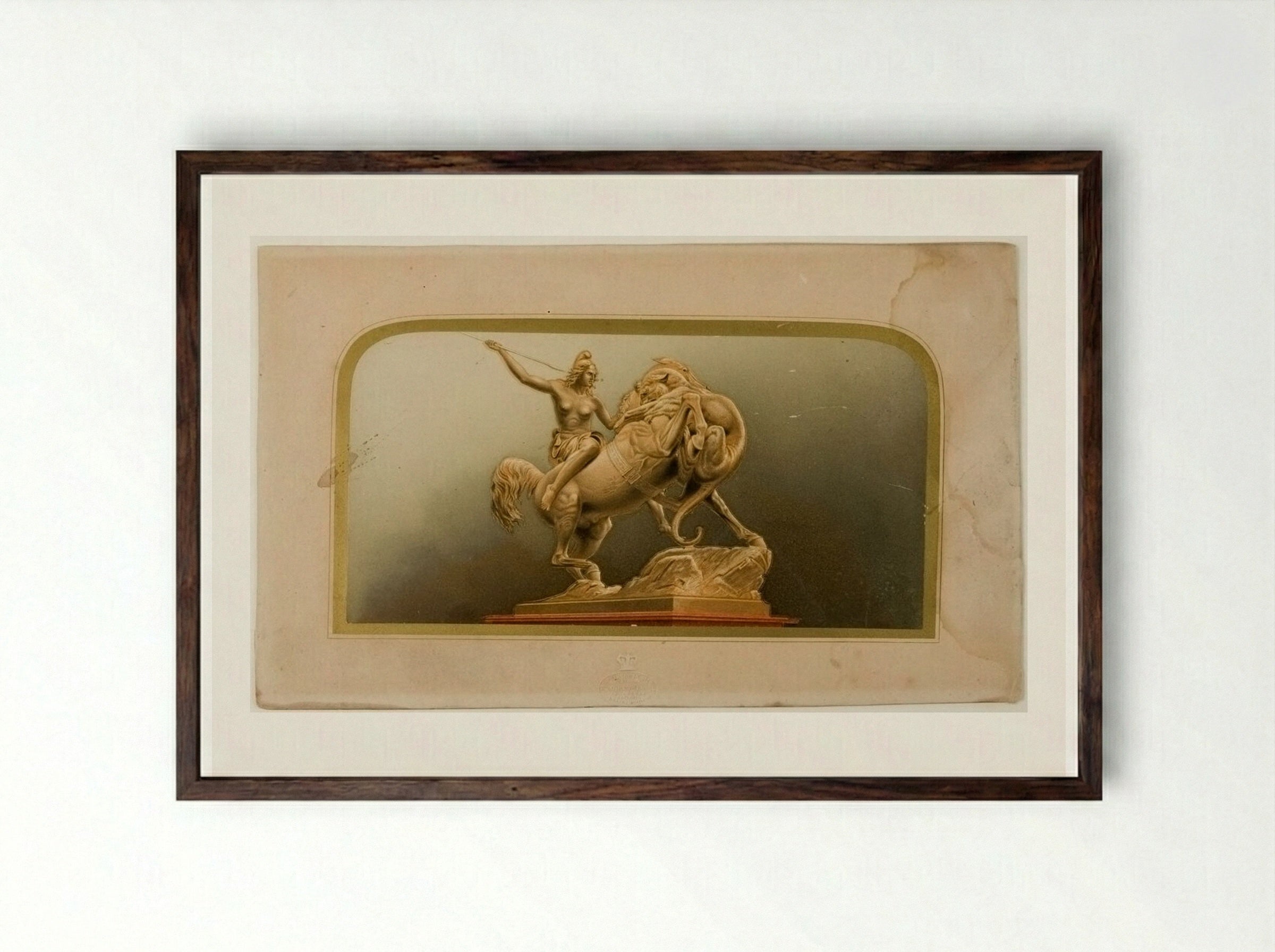 Gem No. 6: Amazon on Horseback Spearing a Tiger - George Baxter - Framed Print Dark Wood