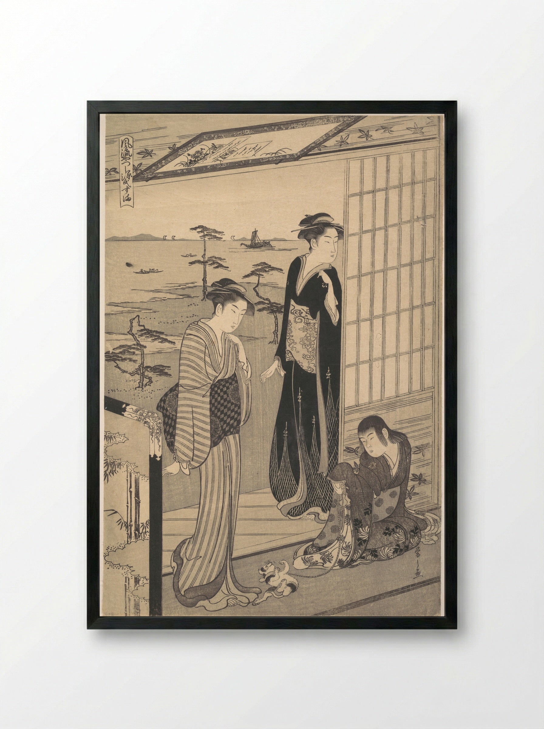Genji in Exile at Suma, from the series Genji in Fashionable Modern Guise - Chōbunsai Eishi - Framed Print Black