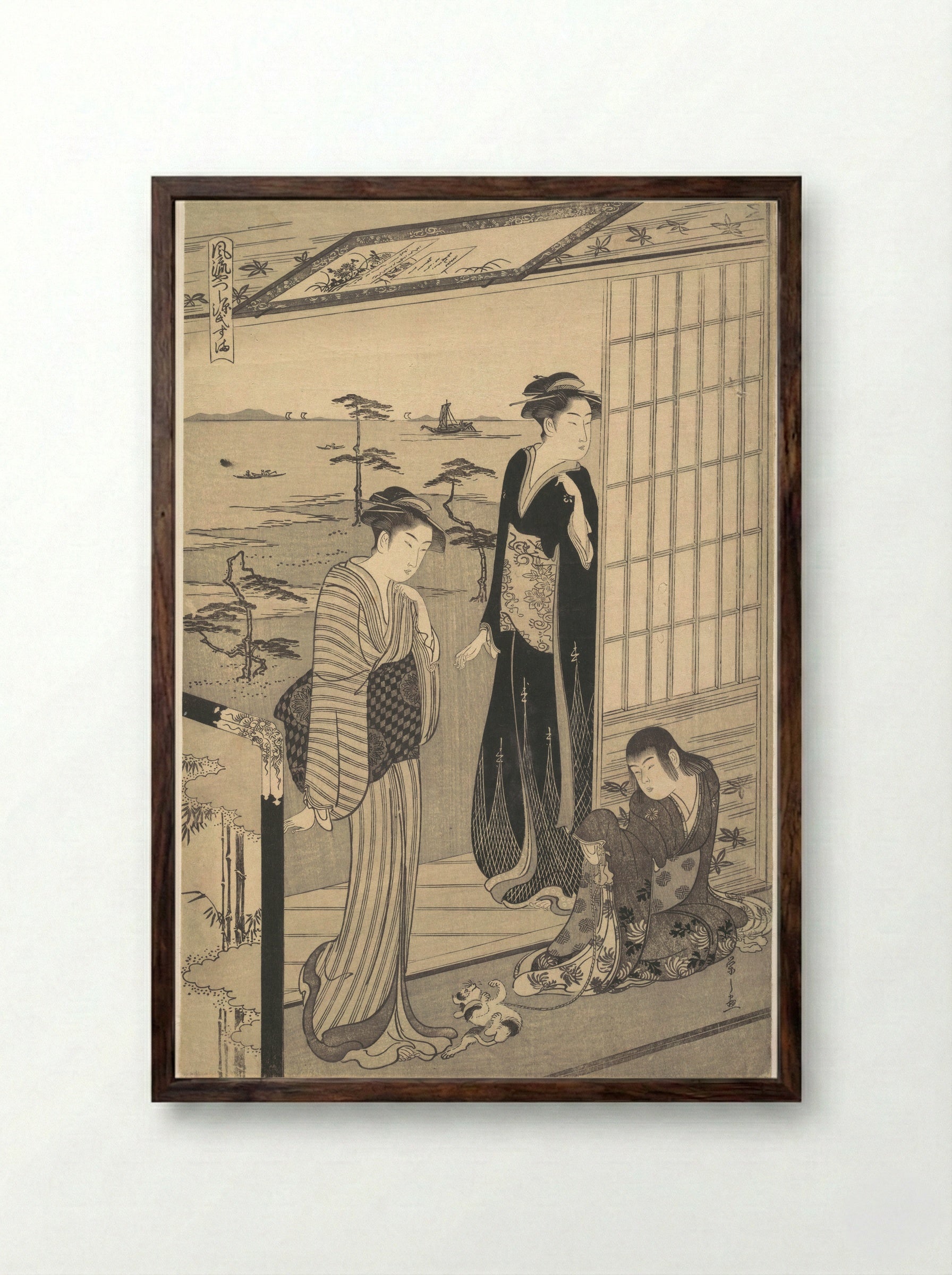 Genji in Exile at Suma, from the series Genji in Fashionable Modern Guise - Chōbunsai Eishi - Framed Print Dark Wood