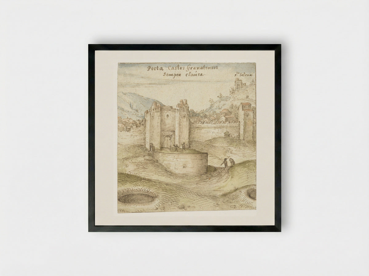 Gesloten poort tot het kasteel (Alhambra) te Granada - Joris Hoefnagel - Framed Print Black