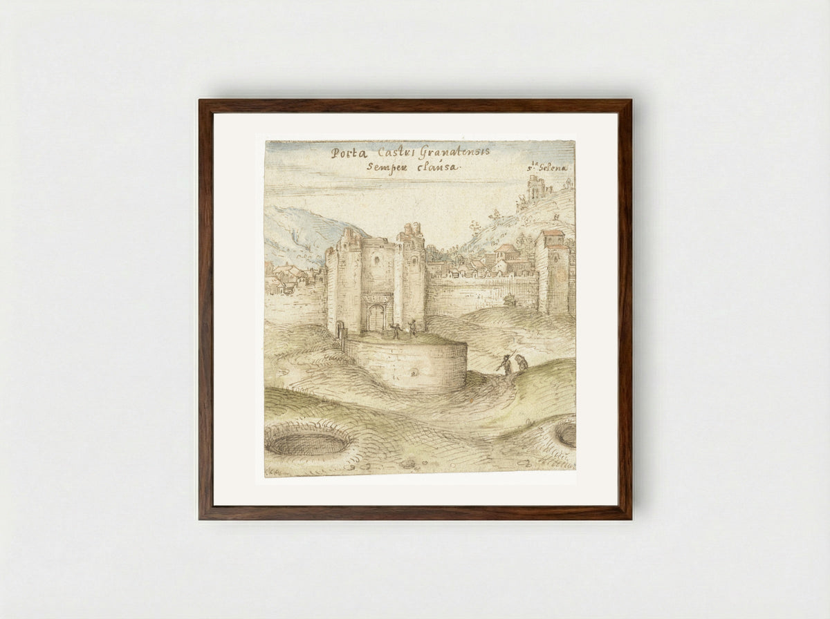 Gesloten poort tot het kasteel (Alhambra) te Granada - Joris Hoefnagel - Framed Print Dark Wood