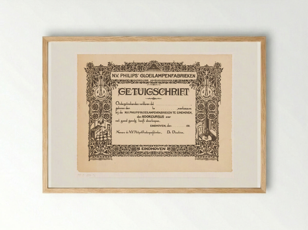 Getuigschrift van de kookcursus bij de Philips Huishoudschool - Theo Nieuwenhuis - Framed Print Wood