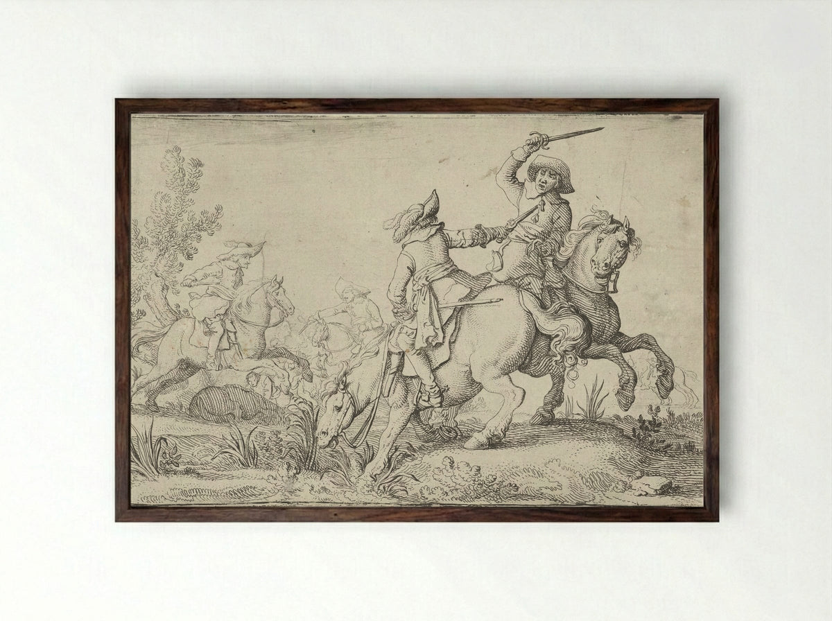 Gevecht tussen twee ruiters - Jan Martens de Jonge - Framed Print Dark Wood