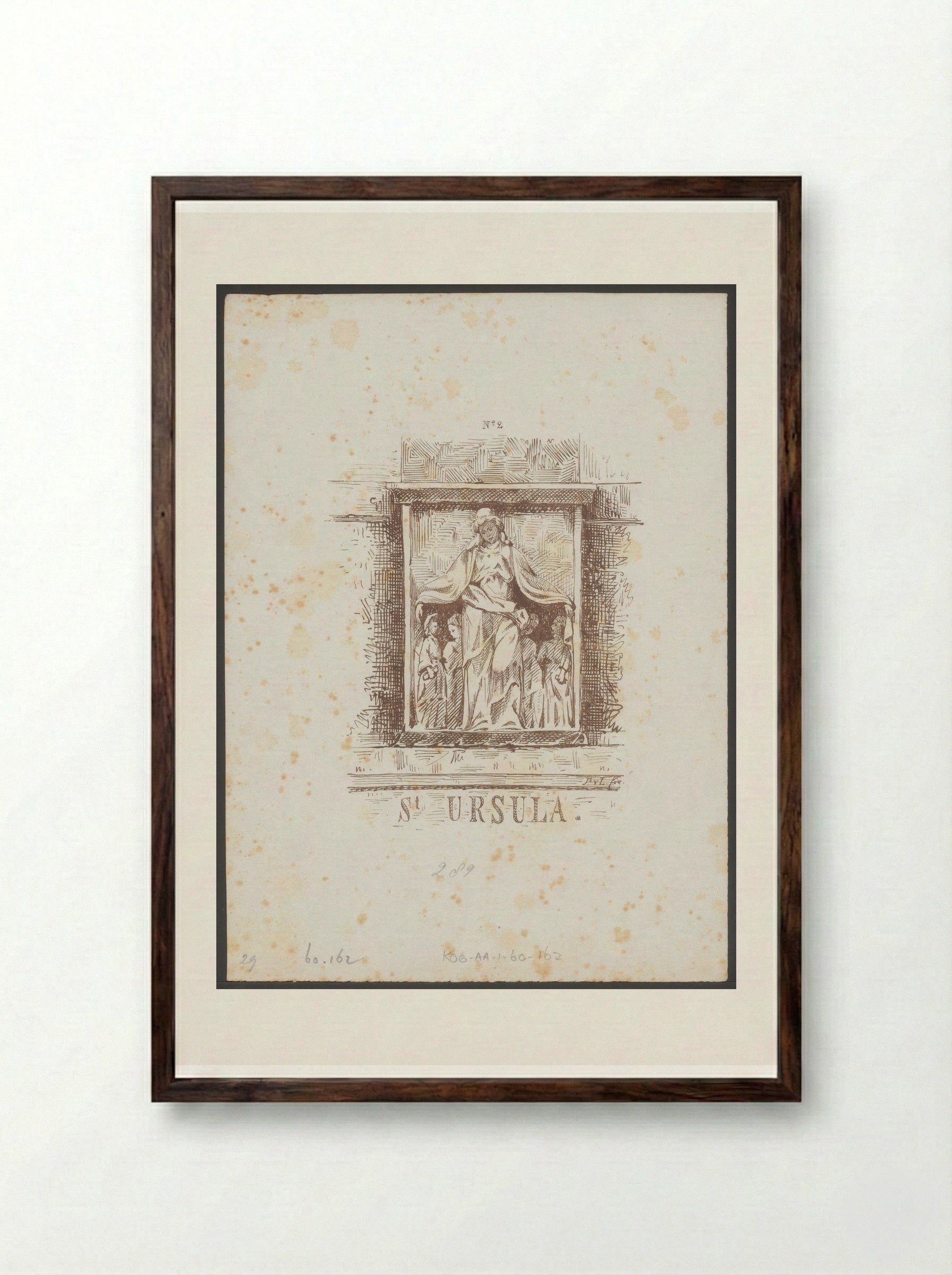 Gevelsteen met de heilige Ursula in het Begijnhof in Amsterdam - Jac van Looij - Framed Print Dark Wood