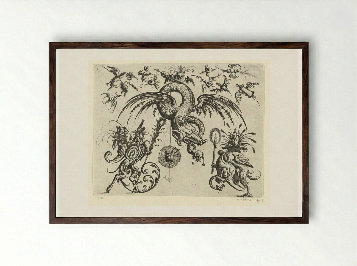 Gevleugelde draak (Winged Dragon) - Christoph Jamnitzer - Framed Print Dark Wood
