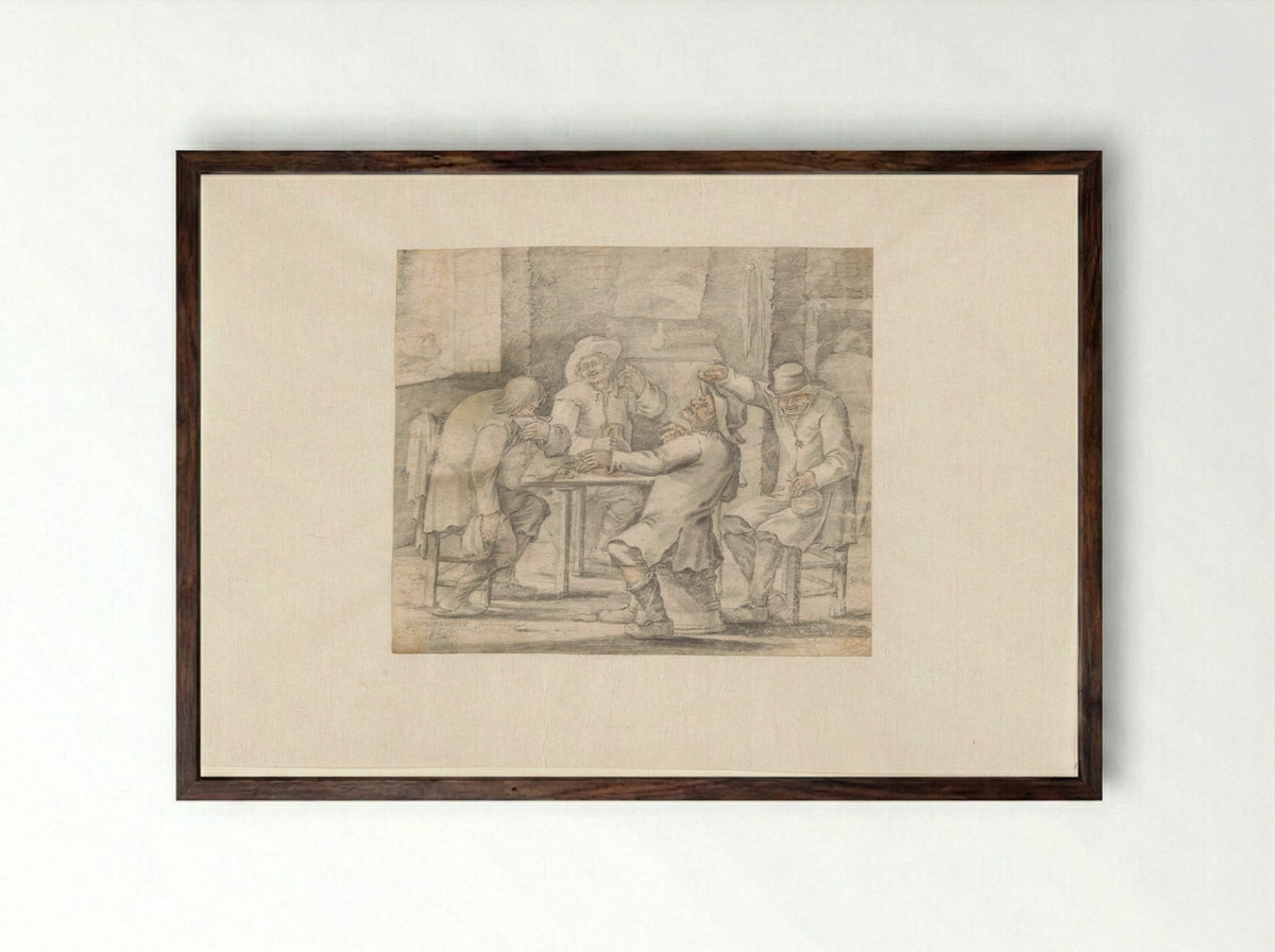 Gezelschap drinkende boeren (Company of Drinking Peasants) - D. van 's Gravenweert - Framed Print Dark Wood