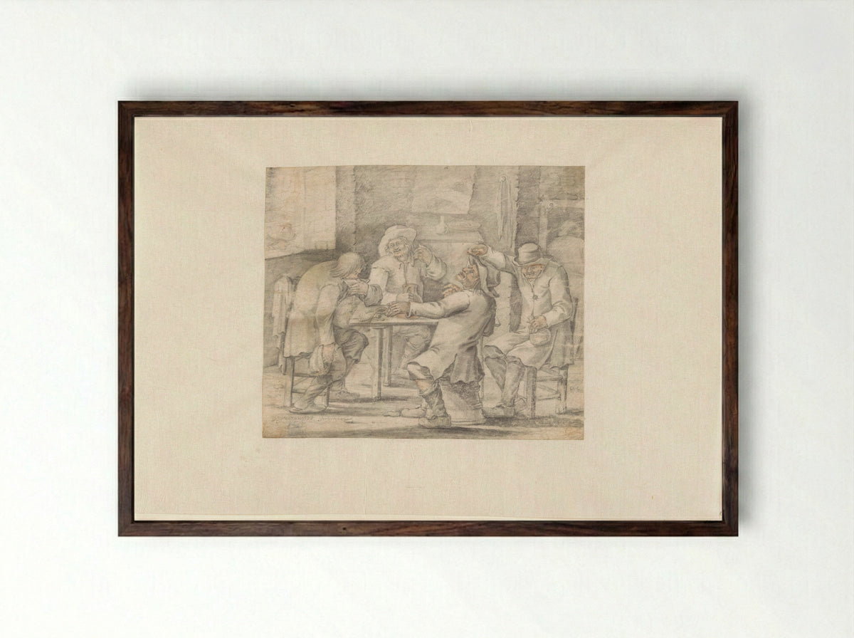 Gezelschap drinkende boeren (Company of Drinking Peasants) - D. van 's Gravenweert - Framed Print Dark Wood