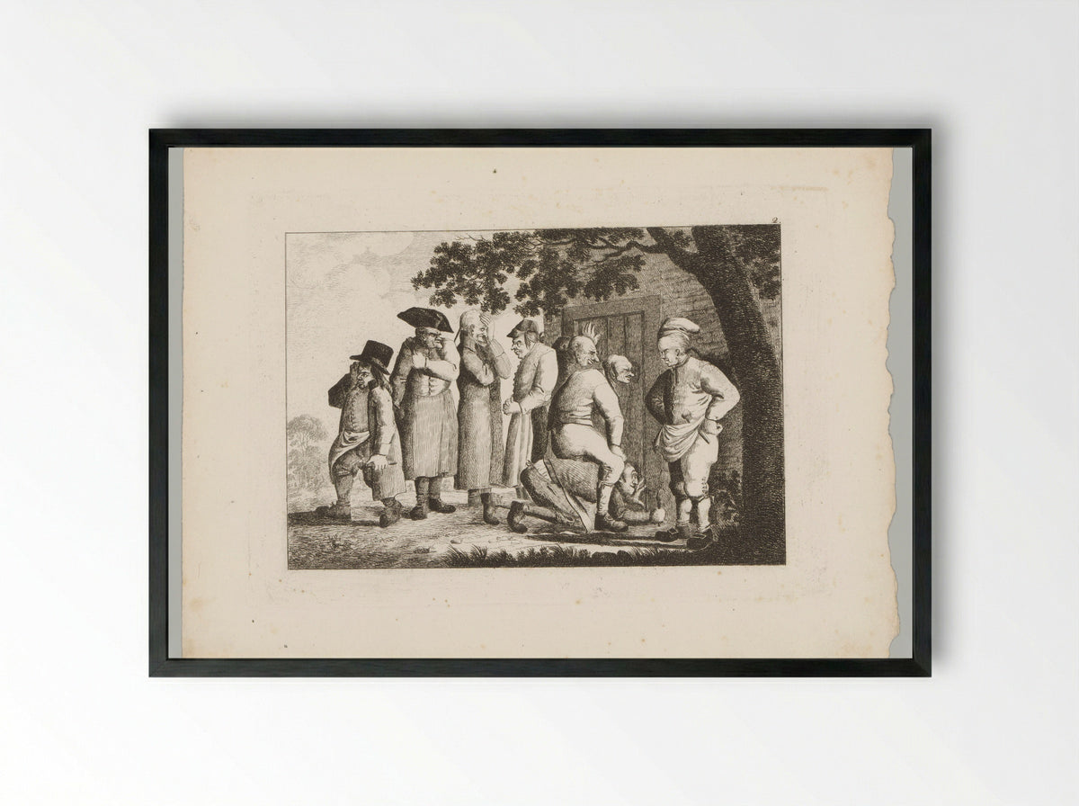 Gezelschap mannen onder een boom, een aantal gluurt door een deur - Friedrich Rottmann - Framed Print Black