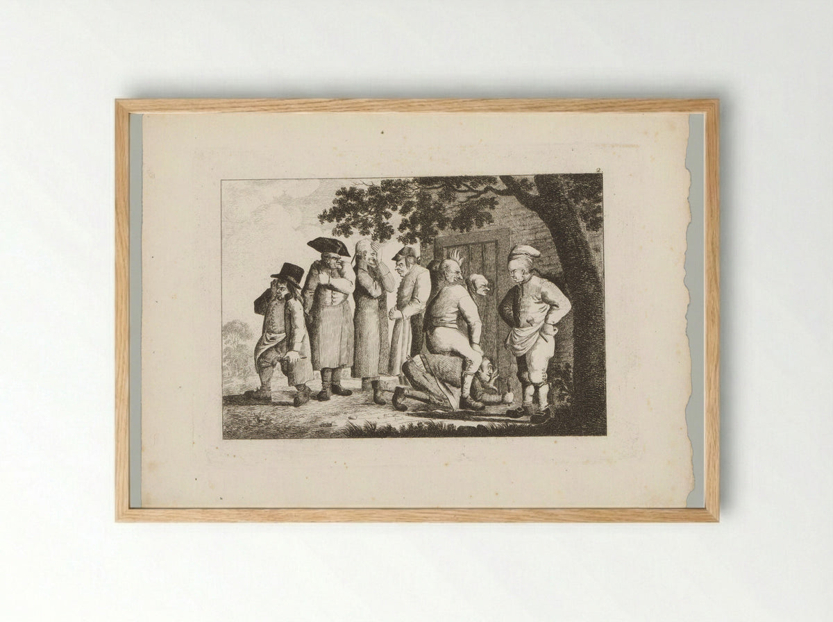 Gezelschap mannen onder een boom, een aantal gluurt door een deur - Friedrich Rottmann - Framed Print Wood