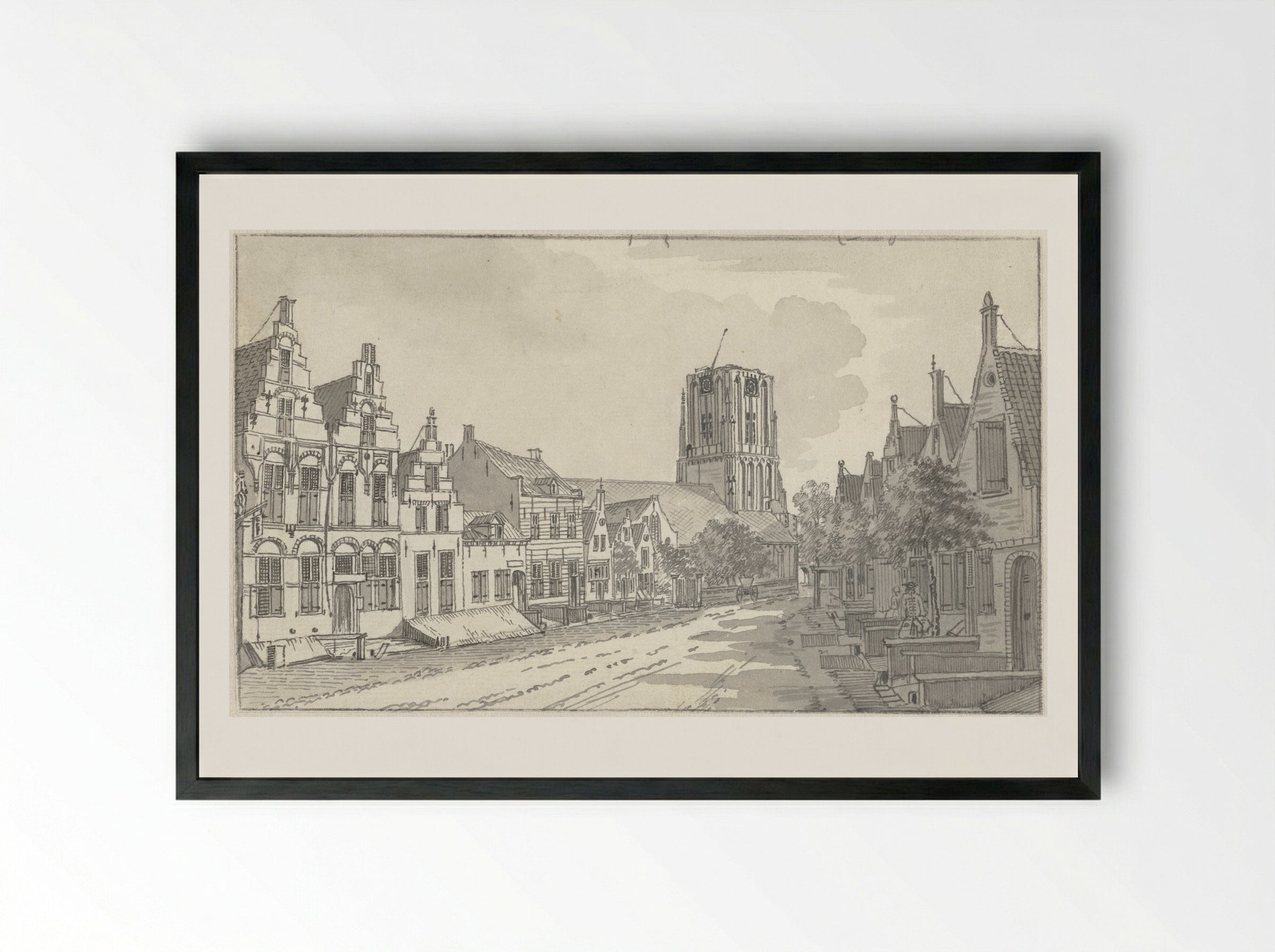 Gezicht door de Kerkstraat op de kerk te Workum - Jan de Beijer - Framed Print Black