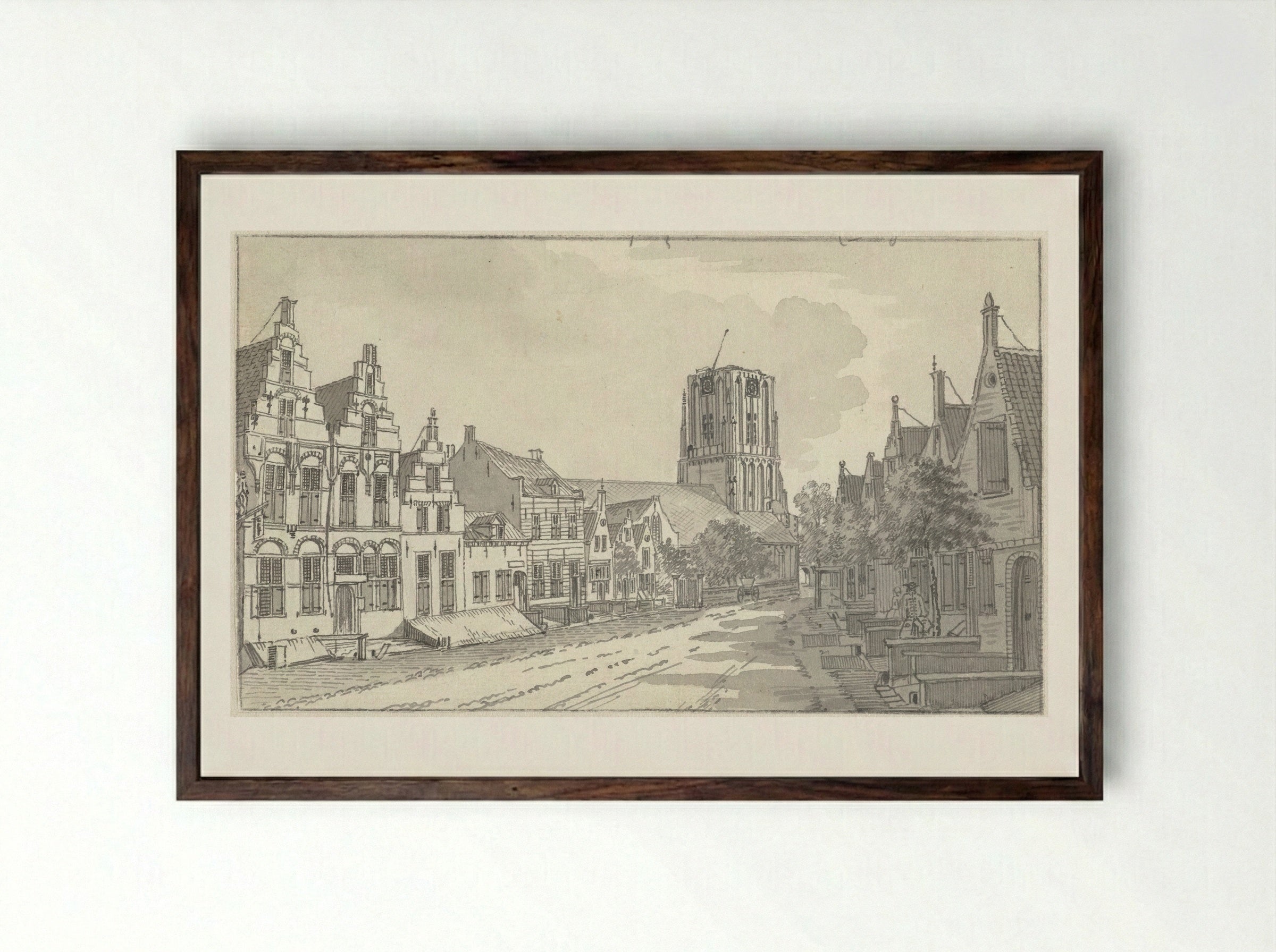 Gezicht door de Kerkstraat op de kerk te Workum - Jan de Beijer - Framed Print Dark Wood