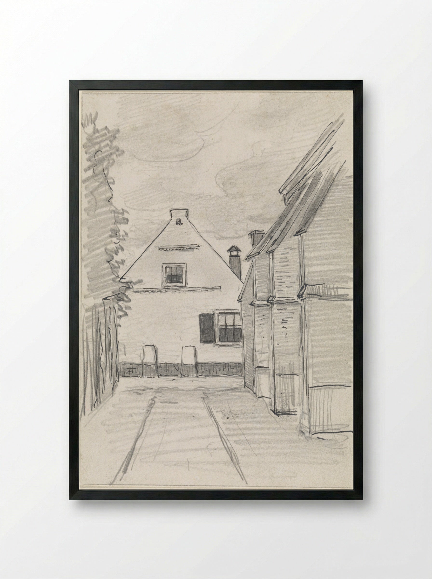 Gezicht door een straat op een huis - Jan van Essen - Framed Print Black