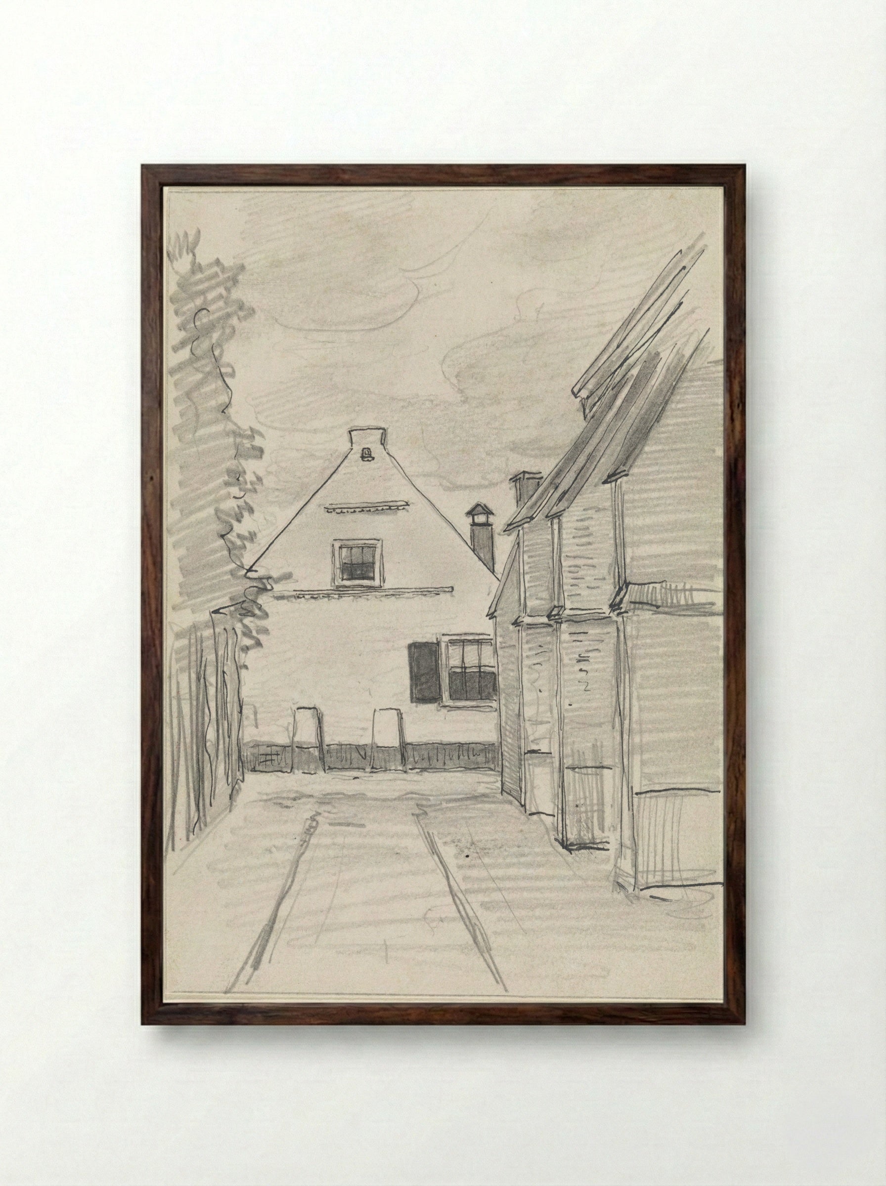 Gezicht door een straat op een huis - Jan van Essen - Framed Print Dark Wood
