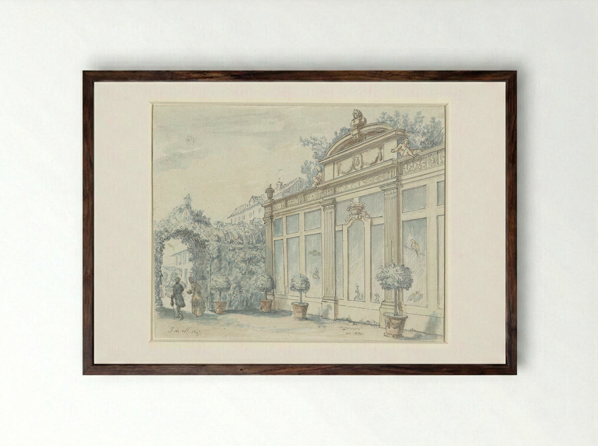 Gezicht in een Franse tuin met heer en dame - J. de Marsy - Framed Print Dark Wood