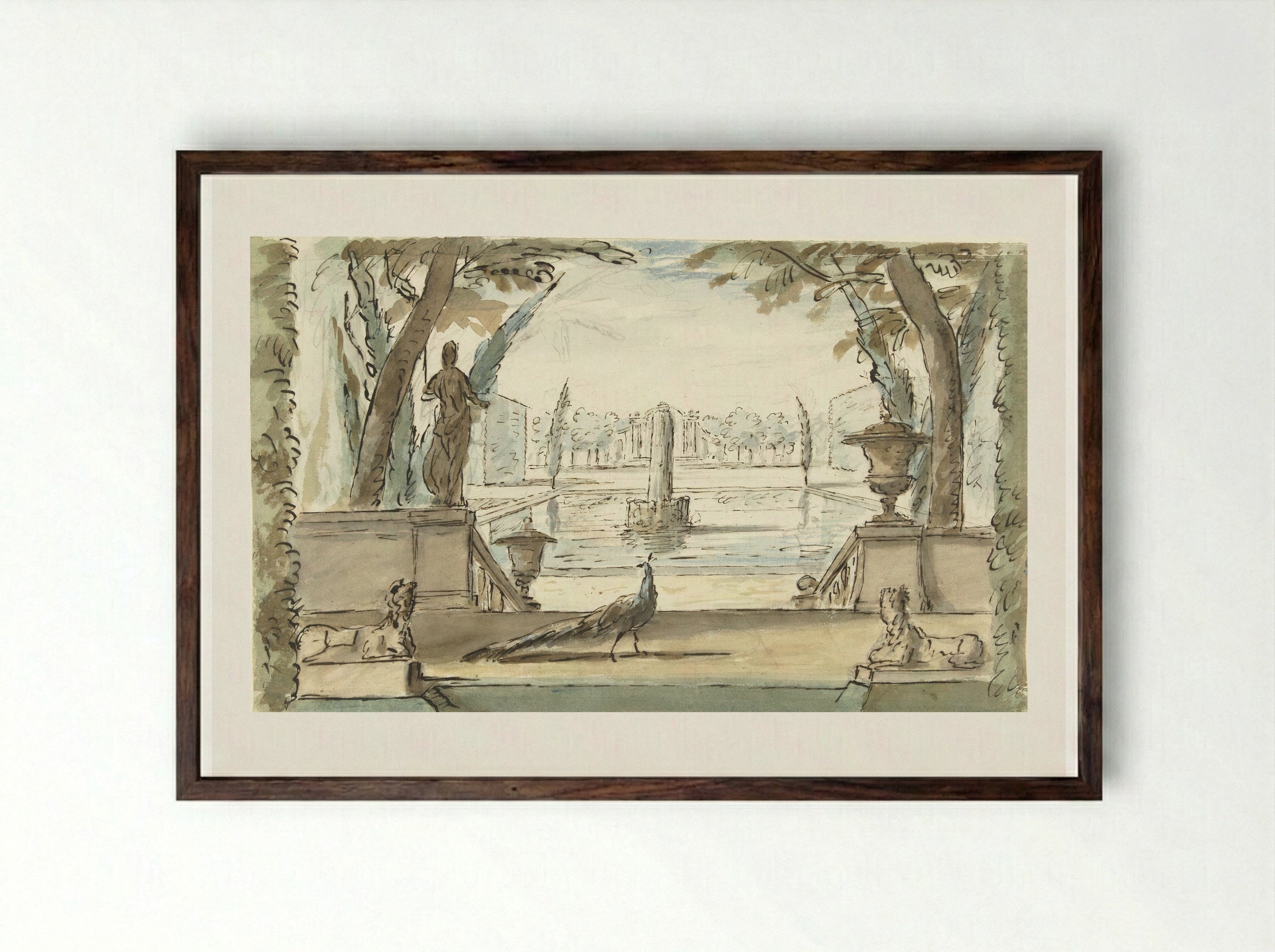 Gezicht in een tuin met een vijver, een fontein en een pauw - Elias van Nijmegen - Framed Print Dark Wood