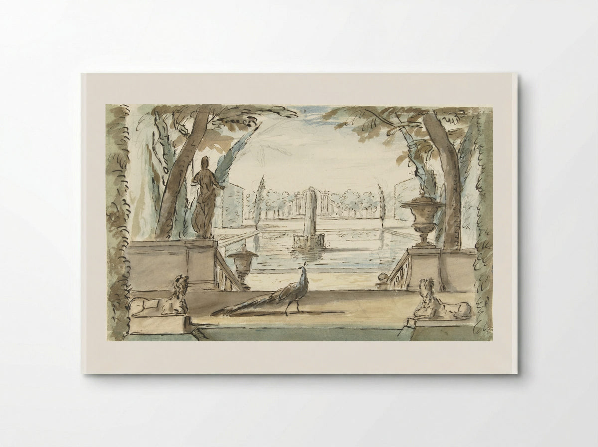 Gezicht in een tuin met een vijver, een fontein en een pauw - Elias van Nijmegen - Poster