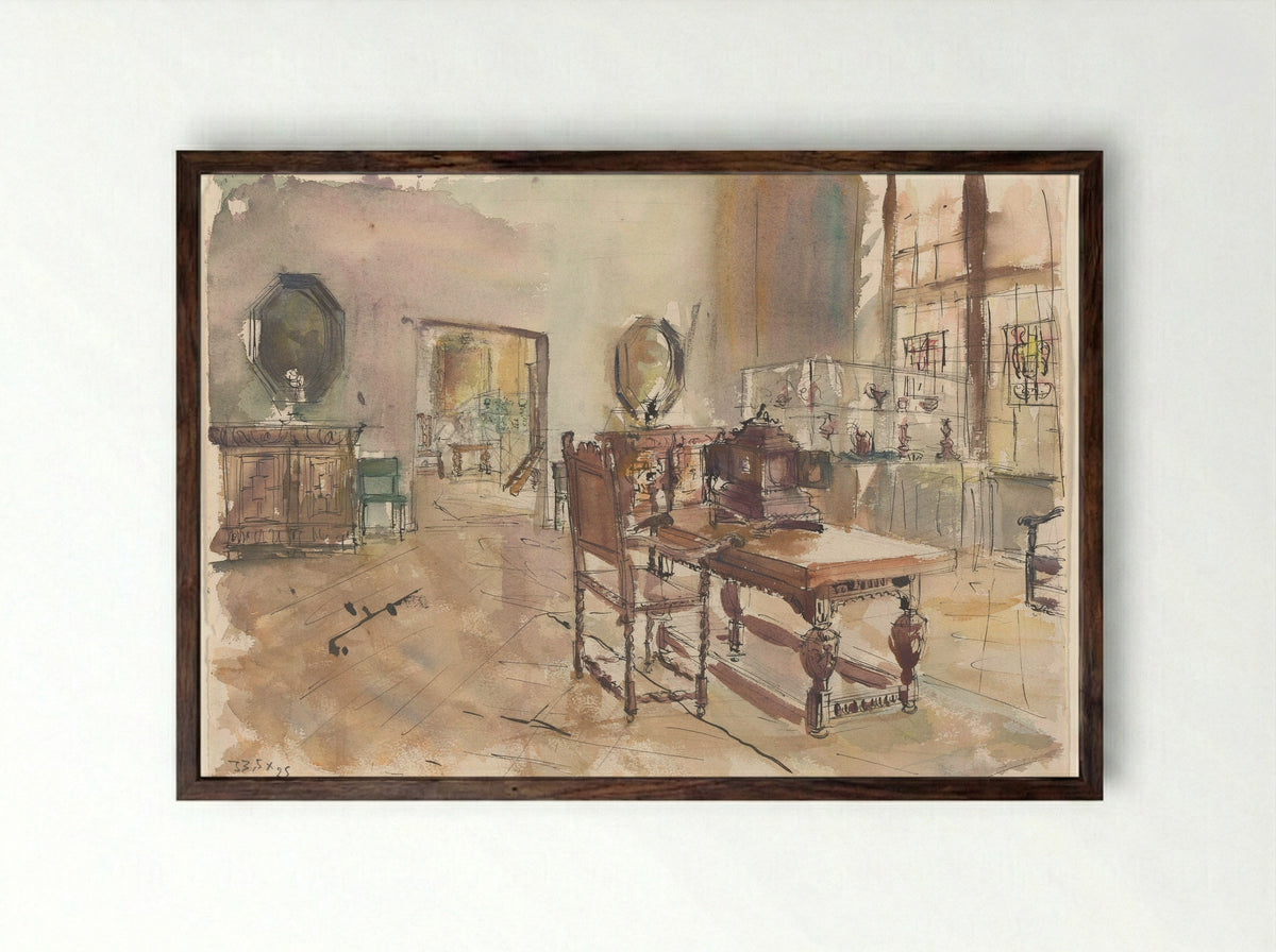 Gezicht in een zaal van het Rijksmuseum: tafel, kasten en vitrines - Constantin de Lynden - Framed Print Dark Wood