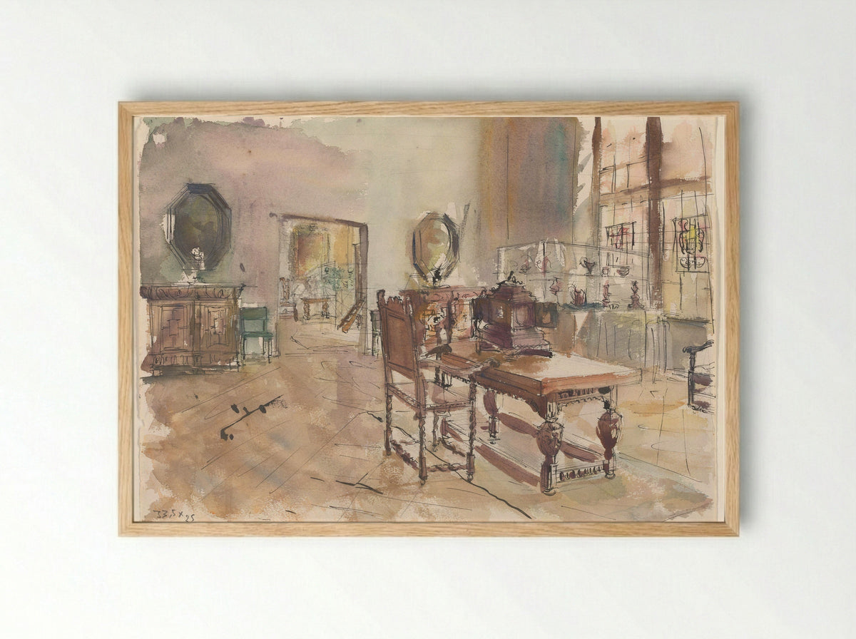 Gezicht in een zaal van het Rijksmuseum: tafel, kasten en vitrines - Constantin de Lynden - Framed Print Wood