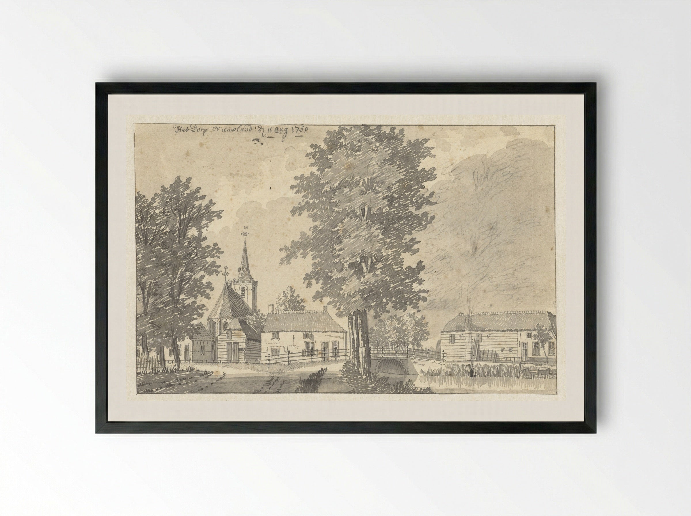 Gezicht in het dorp Nieuwland, met de kerk - Jan de Beijer - Framed Print Black