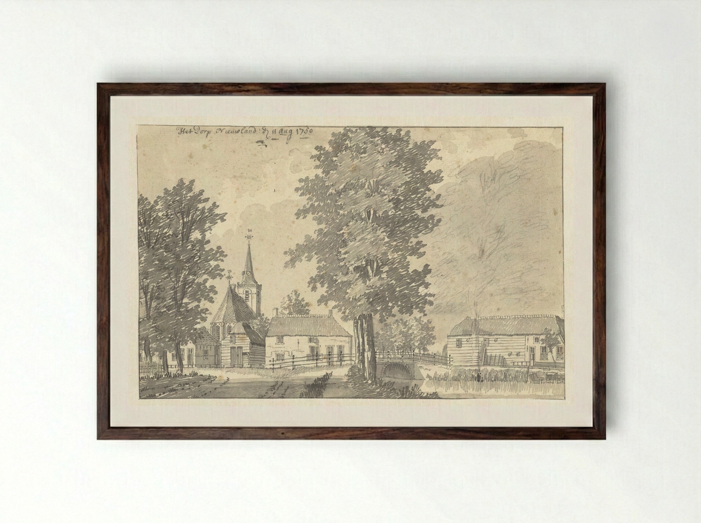 Gezicht in het dorp Nieuwland, met de kerk - Jan de Beijer - Framed Print Dark Wood
