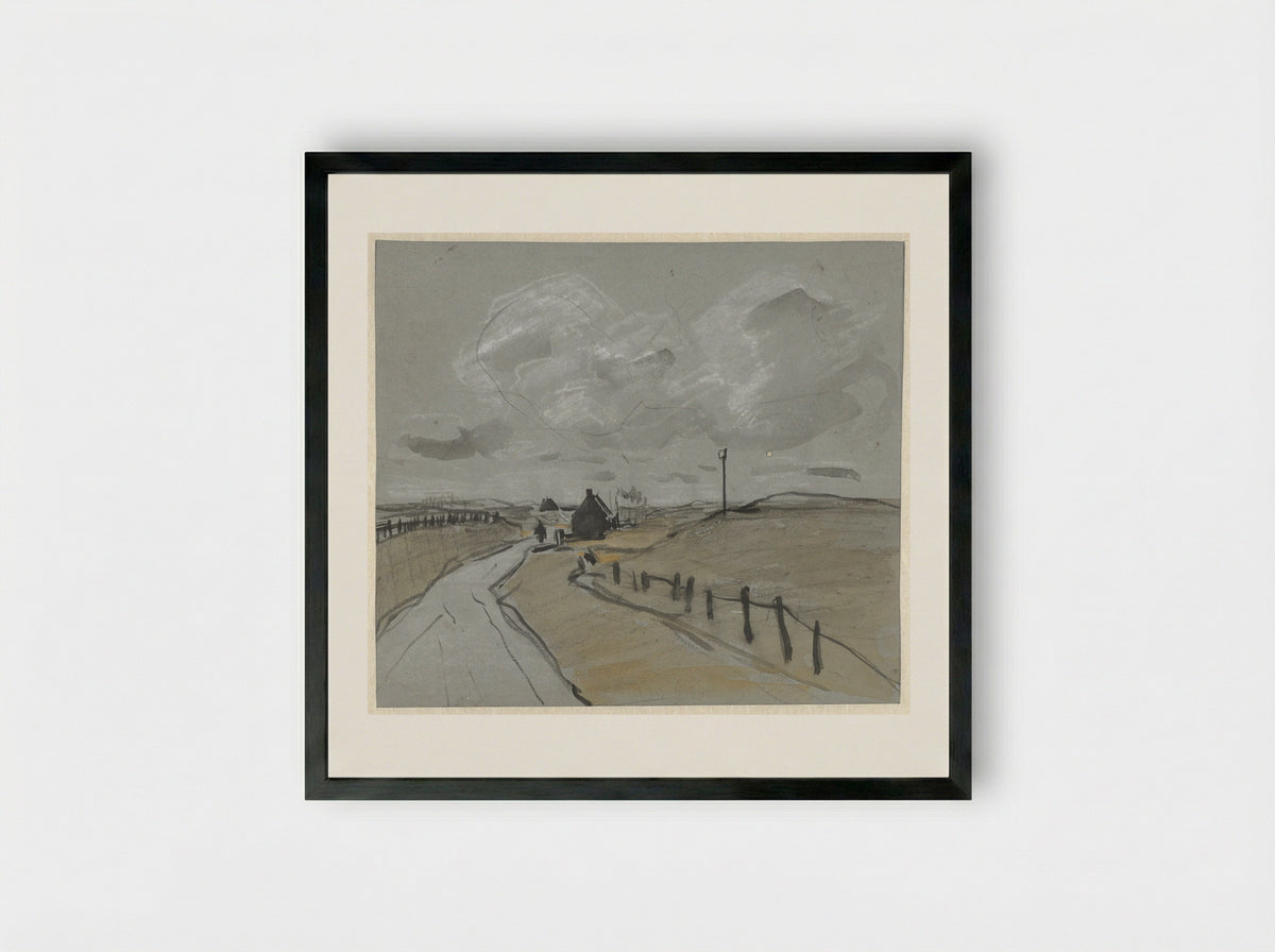 Gezicht langs een weg met hoge bermen en hekjes - Jan van Essen - Framed Print Black