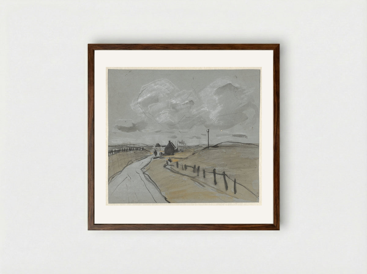 Gezicht langs een weg met hoge bermen en hekjes - Jan van Essen - Framed Print Dark Wood