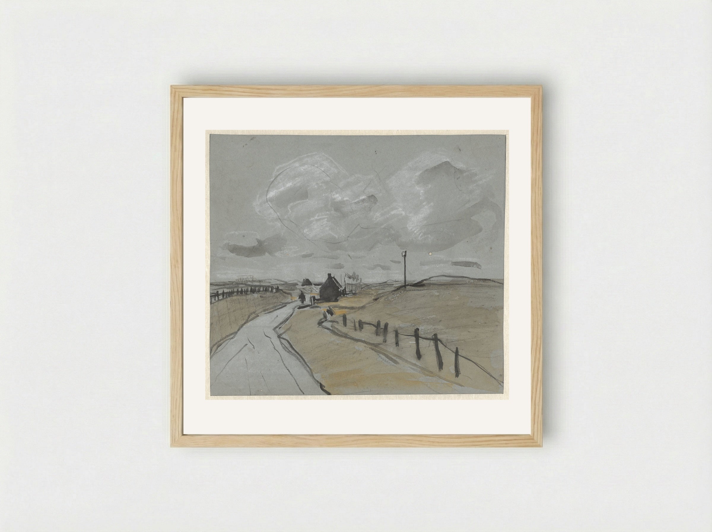 Gezicht langs een weg met hoge bermen en hekjes - Jan van Essen - Framed Print Wood