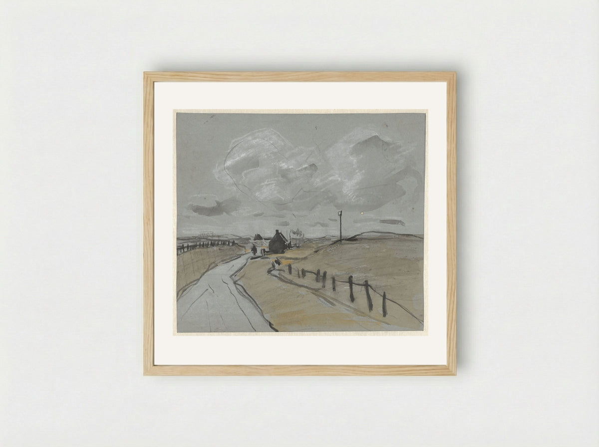 Gezicht langs een weg met hoge bermen en hekjes - Jan van Essen - Framed Print Wood