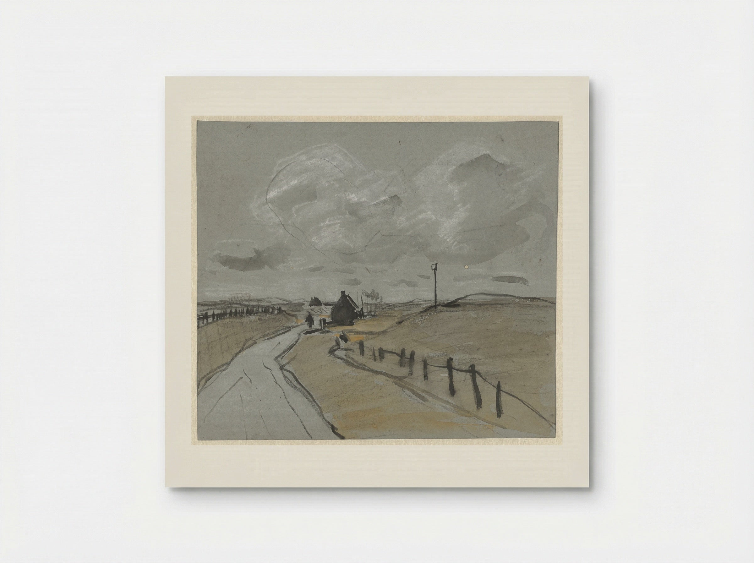 Gezicht langs een weg met hoge bermen en hekjes - Jan van Essen - Poster